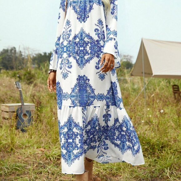 Boho Women's Notched Neck Flounce Hem Maxi Dress With Sleeve blue white - Picture 6 of 6